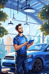 A worker is seen polishing the exterior of a blue car