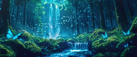 Beautiful forest with a small waterfall in the distance, blue glowing butterflies flying around.