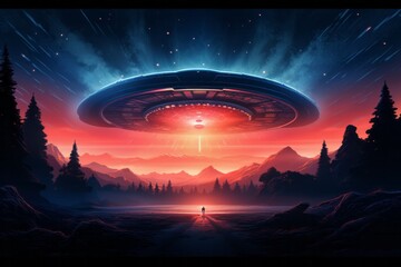 An alien spaceship hovering above a mysterious alien landscape - obrazy, fototapety, plakaty