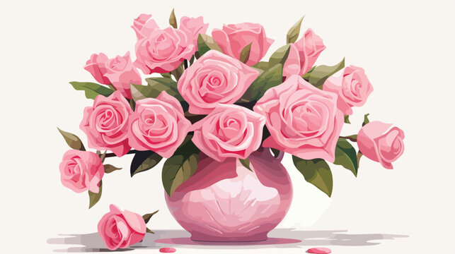 A vase of pink roses against a soft white backdrop fl
