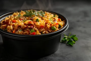 Poster Fried rice with shrimp, chicken, and vegetables in a takeout container on a dark background © Darya Lavinskaya