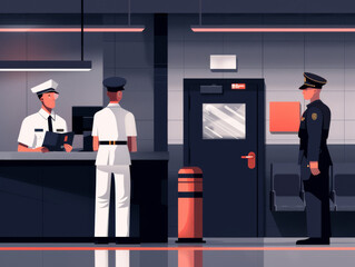 An illustration of two men in military uniforms inside a building, one standing at a counter with a clerk. - obrazy, fototapety, plakaty