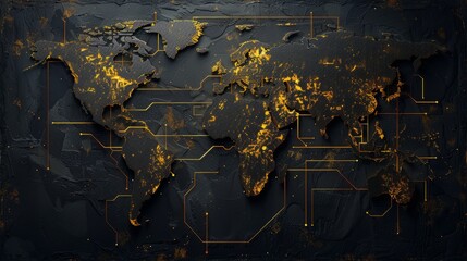 A black and gold map of the world with a lot of lines and dots