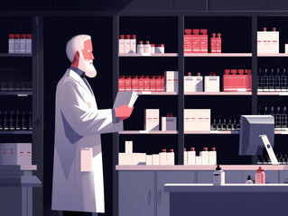 An illustration of an elder pharmacist in a lab coat inspecting a document in a modern pharmacy with shelves of medications.