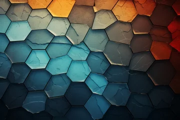 Poster A vibrant and colorful background featuring a multitude of hexagonal shapes arranged in a pattern. The hexagons come in various sizes and hues, creating a visually striking and dynamic composition © Vit