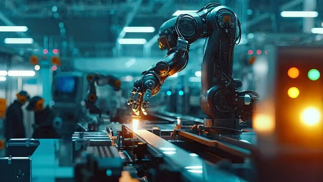 Robotic Manufacturing: Industrial Robot Working Alongside Human Workers in a Factory
