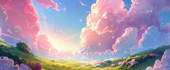 Obraz na płótnie Canvas Beautiful landscape with pink clouds in the sky and green hills in an anime style
