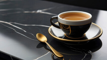 A cup of espresso coffee on a dark stone countertop