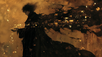 Fantastic character in a black cloak on a yellow background