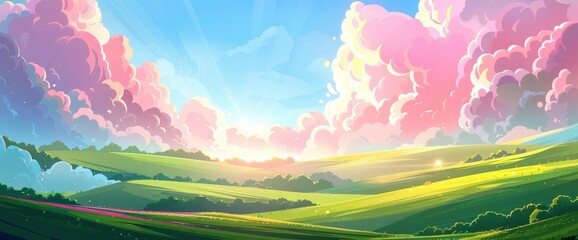 Beautiful landscape with pink clouds in the sky and green hills in an anime style.