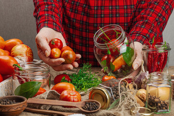 Preserved season vegetable concept. Harvest of tomato, chili, greens, onion and garlic