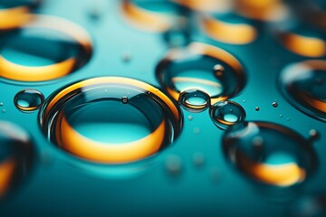 Numerous water droplets are seen up close on a smooth blue surface, reflecting light and creating a striking visual effect - obrazy, fototapety, plakaty