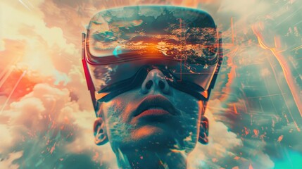 vr headset,state of consciousness, technology,double exposure, metaverse, futuristic virtual world