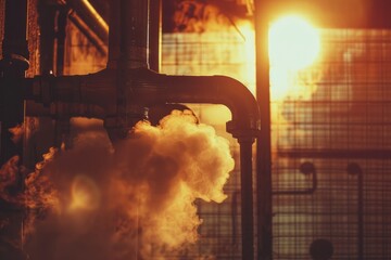Hot water pipe with steam, golden hour