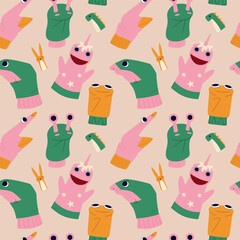 Seamless pattern with hand puppets. Childish puppets and toys.