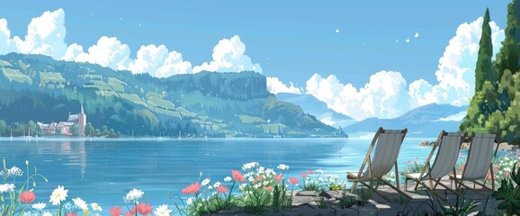 Beautiful summer day, lawn chairs by the lake, flowers in front of them, clouds in the sky, in the style of anime. 