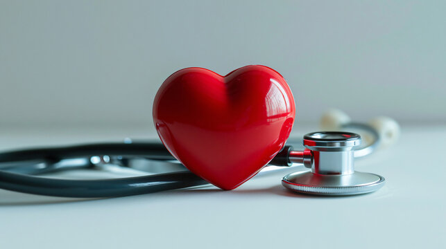 Global healthcare concept. Statoscope with a red heart shape on table. The concept of heart checkup, health, blood donor month.
