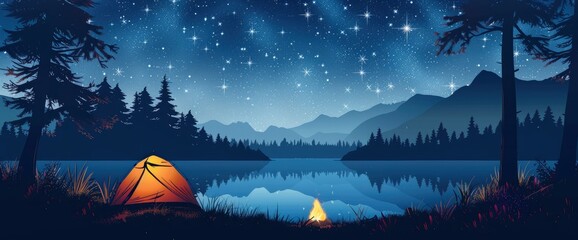 Camping under the stars vector art illustration, the tent lit up in front of the lake surrounded by trees and on a grassy ground with a campfire nearby