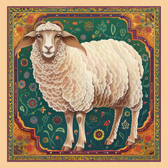 Celebrating Eid al-Adha Muslim holiday. Traditional ram lamb sheep. Oriental carpet background