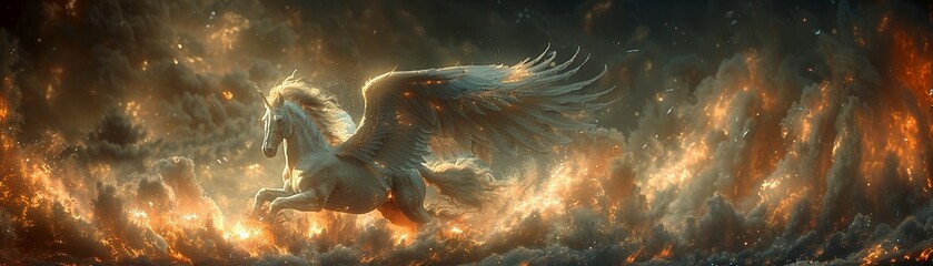 Valkyrie steed, winged gallop, twilight, mount of the chosen, dynamic ascent, dim battlefield, celestial ride - obrazy, fototapety, plakaty