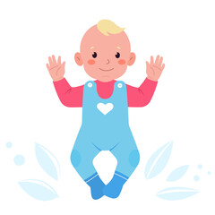 Cute baby boy in blue clothes.  Vector cartoon  illustration isolated on white background