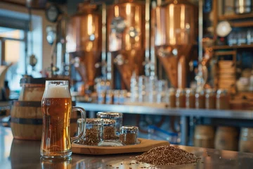 Badkamer foto achterwand Golden beer in mug with brewery tanks in background © gearstd