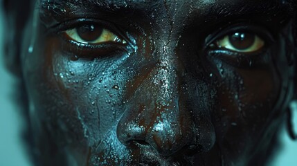A close up portrait of a man's face, covered in black oil