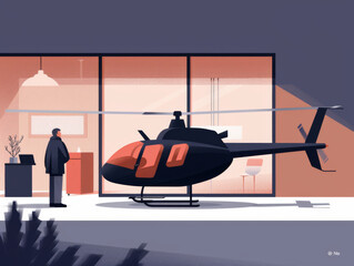 Digital illustration of a man in a suit looking at a helicopter through large glass windows in a modern setting.