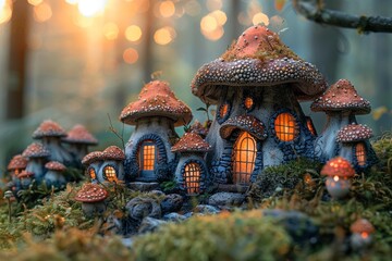 Fototapeta premium Gnome village, mushroom houses, sunset, whimsical village sketch, golden glow, fairy tale charm 