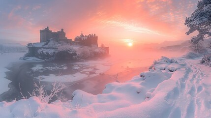 Frost bound castle, winters embrace, dawn, mirrorless, panoramic lens, stronghold in the snow, wide chill, morning frost, icy fortitude  - obrazy, fototapety, plakaty