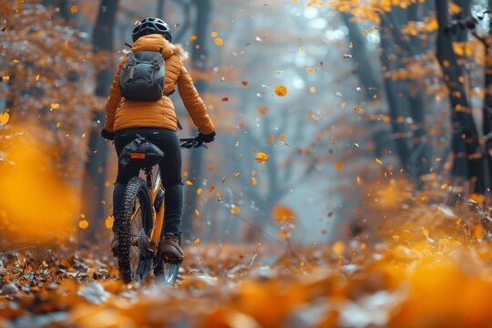 The image showcases a woman on a bicycle enveloped by swirling autumn leaves and fog, accentuating the season's magic