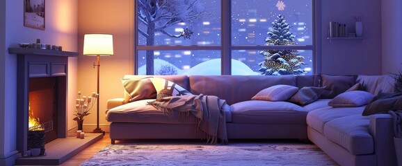 Christmas night in the living room, cozy atmosphere. The scene is depicted in the style of a cartoon, with a window view of a snowcovered street outside.