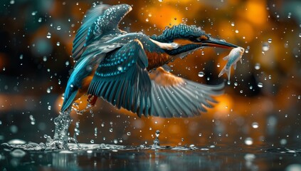 A seabird with vibrant blue and orange plumage, the kingfisher is using its sharp beak to catch a fish in the liquid environment of the water