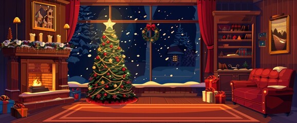 Christmas tree in the living room at night, window with snow falling outside, sofa and fireplace, in the style of cartoon