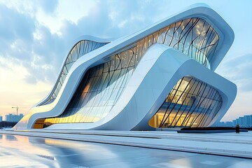 A building with a curved roof and a large window on the side of it with a sky background and a body - Powered by Adobe