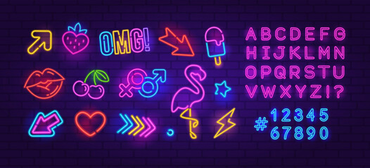 Perfect Neon Sign set 6 on brick wall background. Editable neon icons set of Ranbow glowing signs, Flamingo, Cherry, Arrow etc. Neon Font Type night sign, a glowing light banner for club or bar party © VRTX