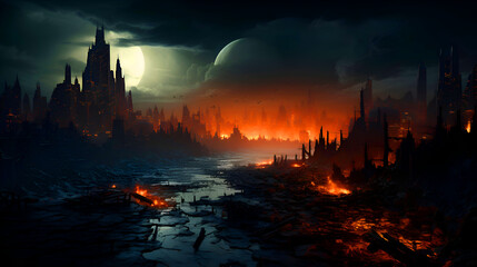 Naklejka premium Fantasy landscape with fire and destroyed city. 3D illustration.