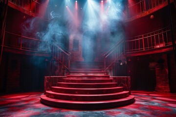 An atmospheric image capturing a theater stage bathed in dramatic red light with smoke adding a mystical feel to the scene