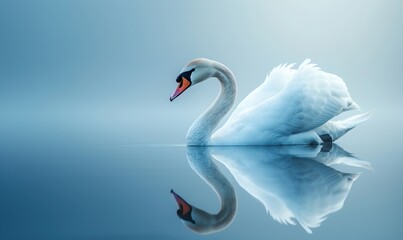 A beautiful white swan elegantly moves on tranquil water under soft blue light