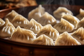 Cooked delicious hot dumplings lie on a wooden dish in the kitchen with steam rising above them....