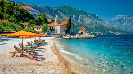 Fototapeta na wymiar Summer beach with chairs and umbrellas in Montenegro