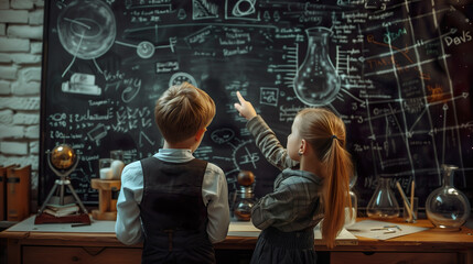 A girl and a guy are in the science room conducting an experiment. Back side.