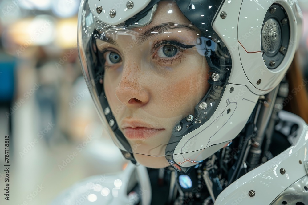 Poster an image focusing on the advanced mechanical components of a modern robot design partially blurred