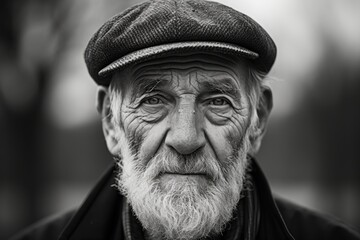 Black and white portrait of a wrinkled old man with a beard and a cap