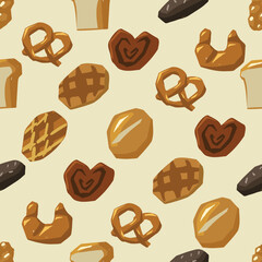 Seamless pattern of various bread types. Waffles, loaf, baguette, bun, pretzel, croissant and other baked goods. Vector food background. Bakery tiled illustration in beige and brown hues - 787118589