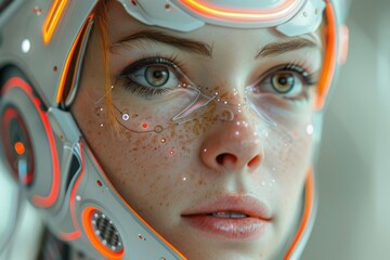 A lifelike android with visible technology on her face exhibits human-like eyes and expressions