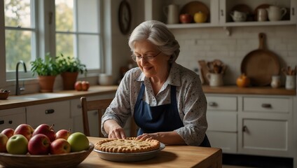 A cozy kitchen scene where a grandmother is teaching her grandchild how to make apple pie, with freshly picked apples on the table Generative AI - obrazy, fototapety, plakaty