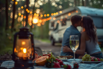 Couple having dinner together with food and wine while traveling in motorhome, picnic. Selective focus