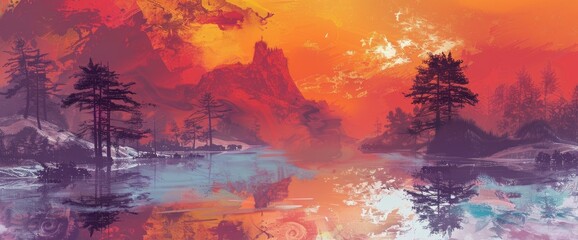 Illustration of an enchanting winter landscape with snow-covered trees, a vibrant orange and pink sunset sky, a serene lake reflecting the beauty of nature