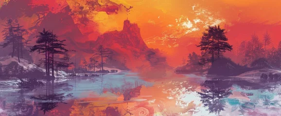Gartenposter Illustration of an enchanting winter landscape with snow-covered trees, a vibrant orange and pink sunset sky, a serene lake reflecting the beauty of nature © AnimeBG